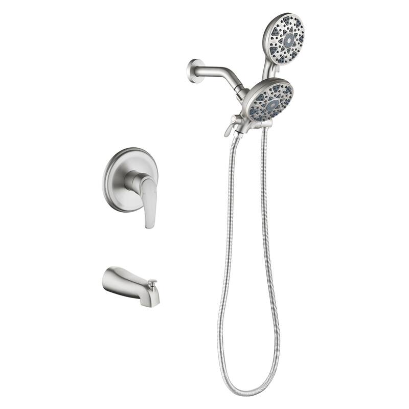 Wall Mount Dual Head Shower Faucet with Tub Spout Brass Complete Shower System with Hand Shower Valve Included - Brushed Nickel