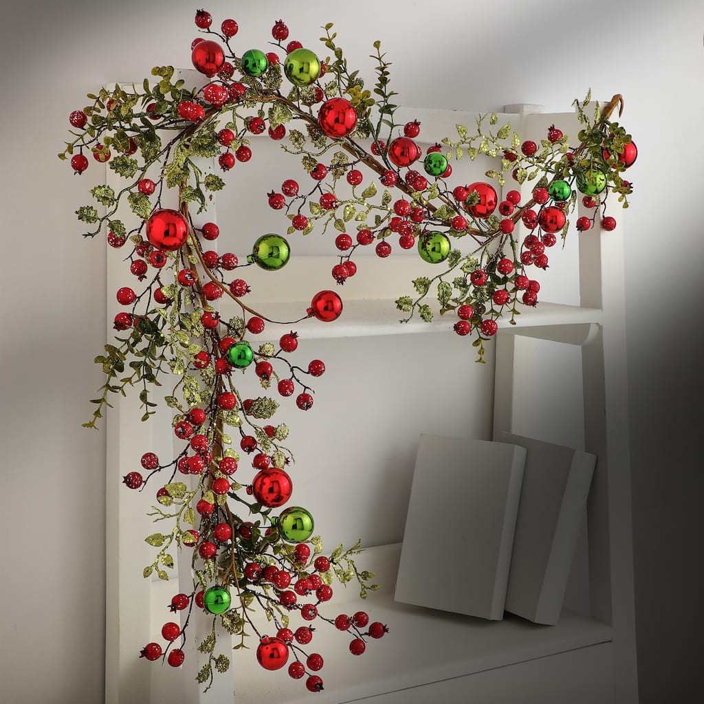 48" Gliter Berry Ball Smilax Garland - Red Green - 48-Inch
