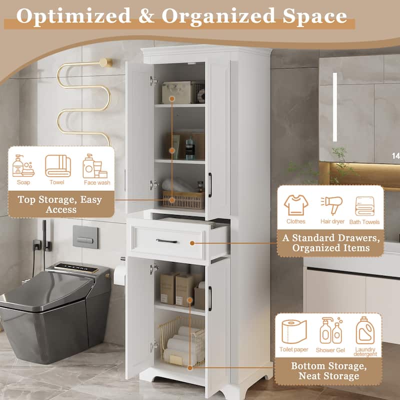 Modern Elegant White Tall Cabinet Freestanding Storage Cabinet for Bathroom with Adjustable Shelves and Damping Hinge Doors