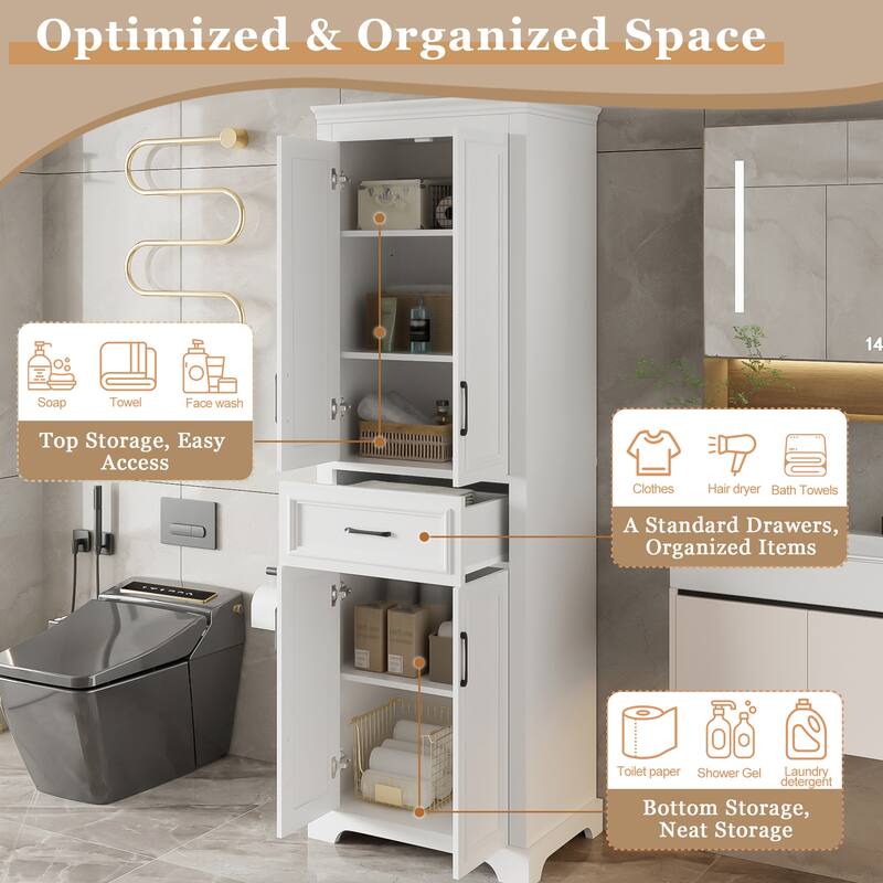 Roomfitters 70.8" Tall Freestanding Bathroom Cabinet with 4 Doors, 1 Drawer and Adjustable Shelves, Modern White