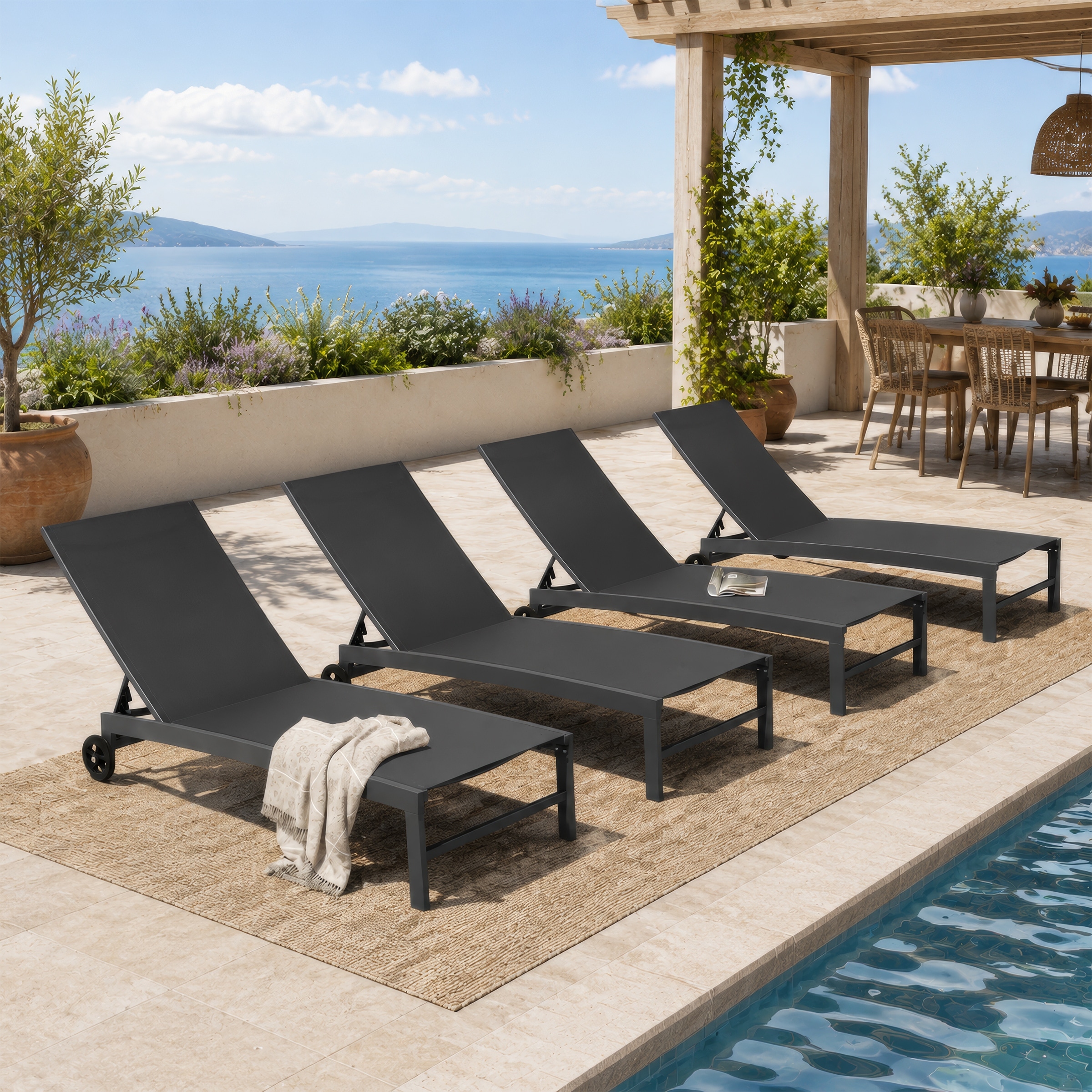 Outdoor Wheel Adjustable Chaise Lounge Chairs 5 Reclinig Position Sun Lounger