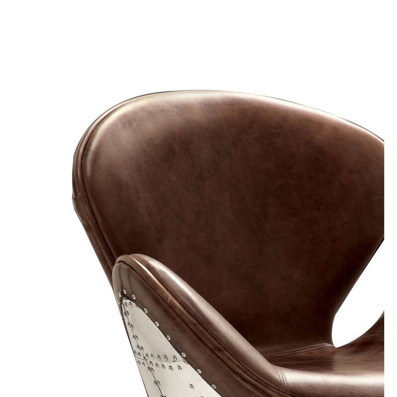 Top Grain Leather Accent Chair with Swivel, Brown & Silver