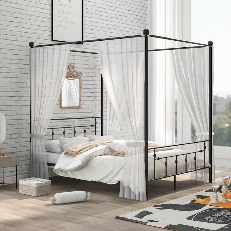 Queen Size Metal Canopy Platform bed with Headboard, Black/White
