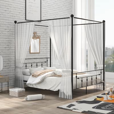 Queen Size Metal Canopy Platform bed with Headboard, Black/White