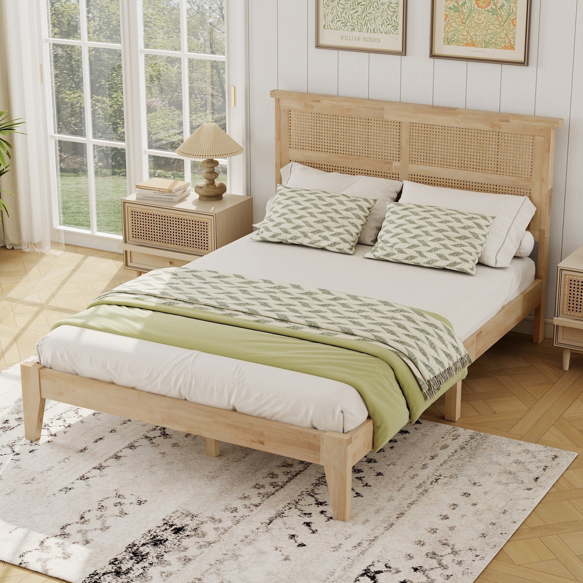 Full Size Platform Bed Frame with Rattan Headboard