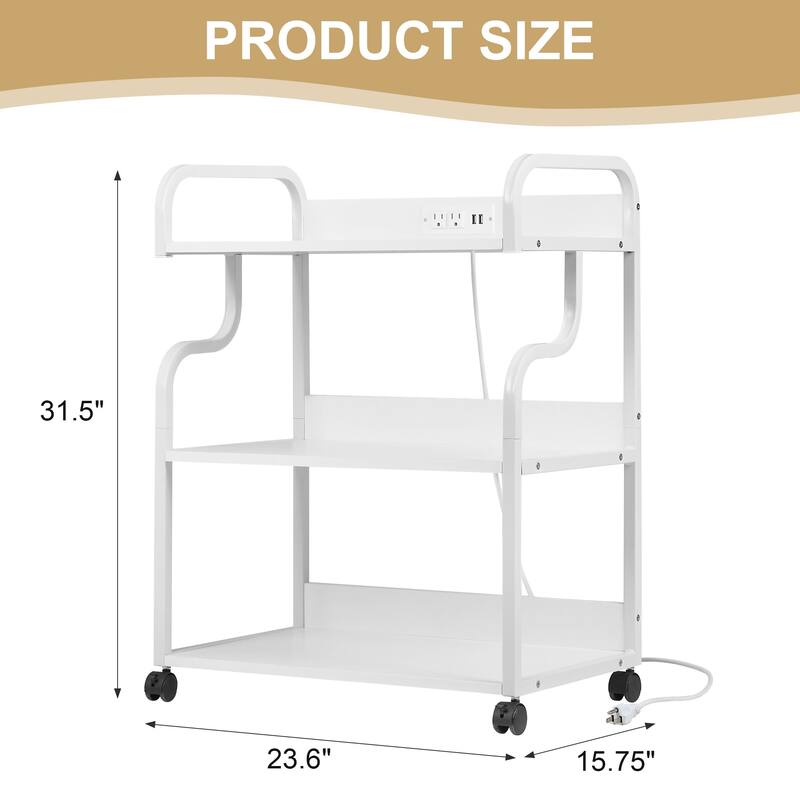 Javlergo 2-in-1 White Rolling Utility Cart with Outlets & USB Ports 3-Tier Open Shelf or 2-Tier with Door Cabinet Office Cart