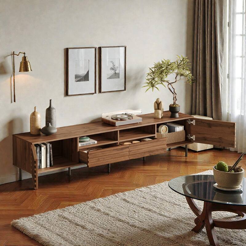 78.7" Modern Walnut TV Stand for TVs up to 85 Inch, Entertainment Center with Slatted Doors, Soft-Close Hinges