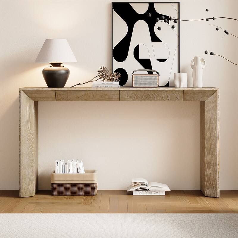 Farmhouse Console Table with 2 Concealed Drawers, Waterfall Edge Design Entryway Table Sofa Table with Thickened Legs