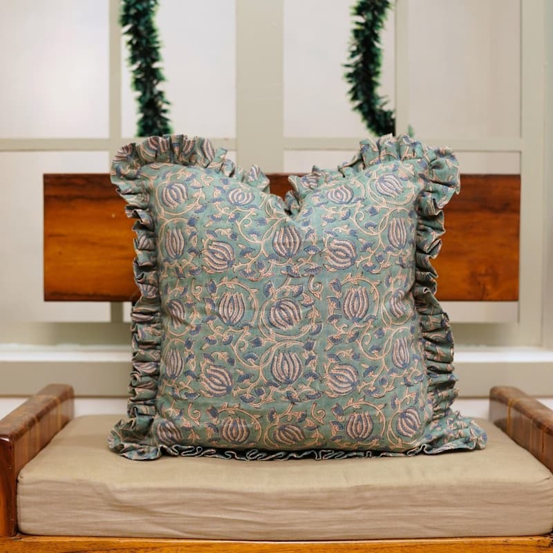 Fabdivine Handmade Block Print Floral Frill Both Side Soft Boho Pure Linen Pillow Cover