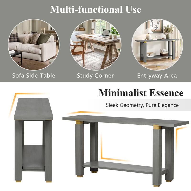 62.9" Modern Minimalist Console Table, Solid Wood Entryway Sofa Table with Metal Accents, Built-in Shelf