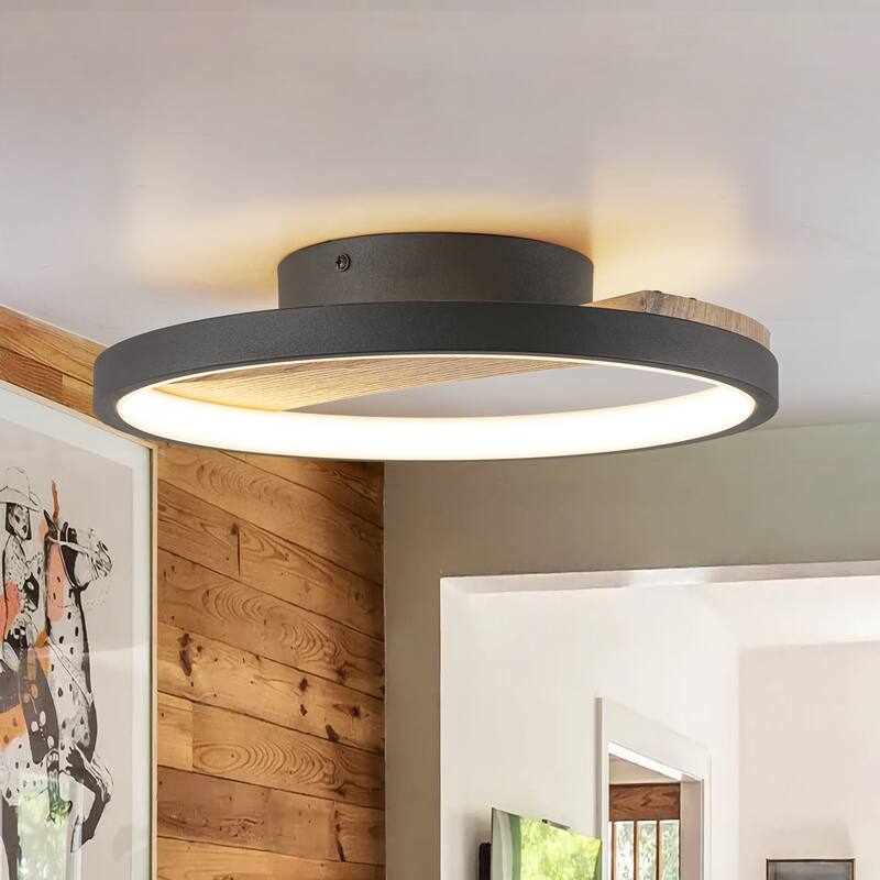11.8 in. Modern Black Circle Round Wood Integrated LED Semi-Flush Mount Light - 11.8 in. W x 2.5 in. H