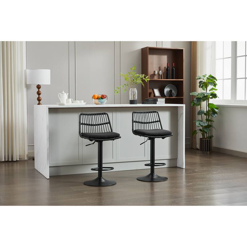 Set of 2 Counter Height Bar Stools, Adjustable Height Rattan Swivel Bar Stools, Dining Bar Stool with Footrest and Backrest