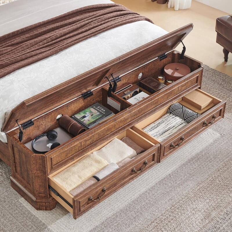 Farmhouse Bed Frame w/ Headboard & Storage Bench, Wood Platform Bed