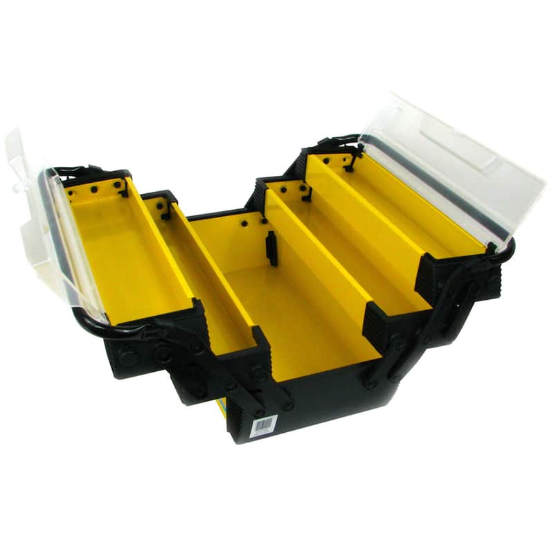 Portable Tool Box - Rugged Plastic Tacklebox with 3 Tiers of Trays, 5 Compartments for Tools and Parts by Stalwart (Yellow)