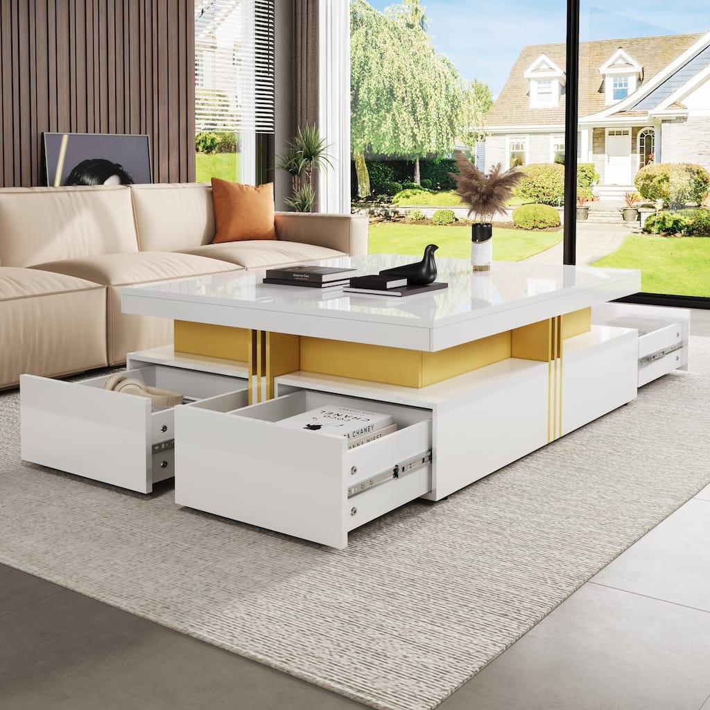 43.3" Modern Square Coffee Table with 4 Hidden Drawers, Glossy Living Room Table with Gold Accents, Space-Saving Storage Table