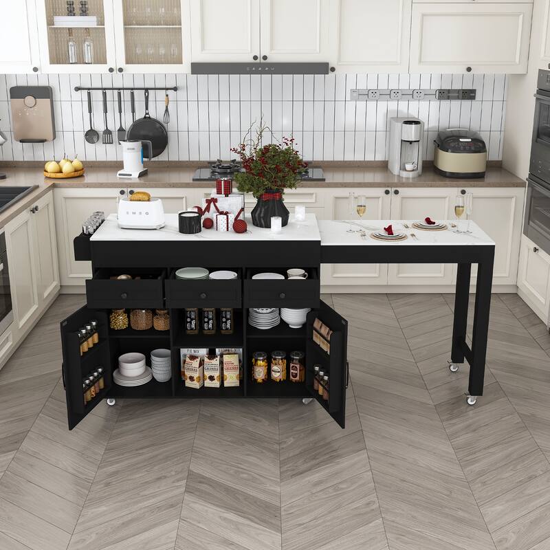 75" Kitchen Island with Extendable Table & Power Outlet - Rolling Storage Cart with Marble Top & Cabinet for Dining Room