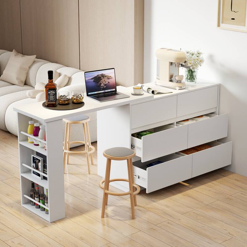 GDFStudio - Saly Modern Multi-Function Home Office Desk & Workstation with Storage, Drawers & Hutch - L-Shape+6 drawers - White