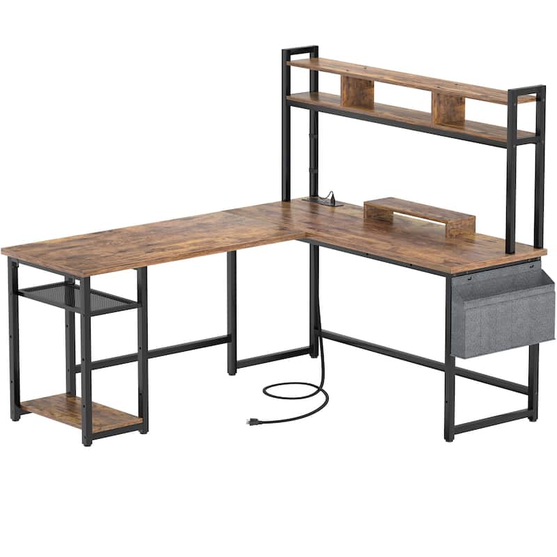 L-Shape Gaming Desk Wood Office Computer Table with Hutch and USB Port