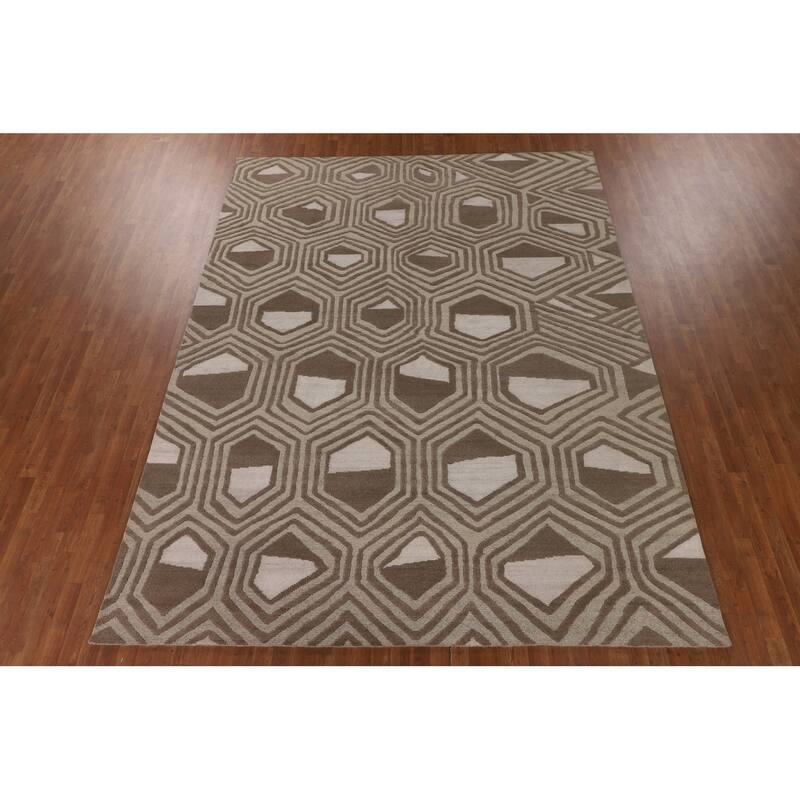 Geometric Indo Modern Area Rug Handmade Wool Carpet - 8'11"x 11'9"