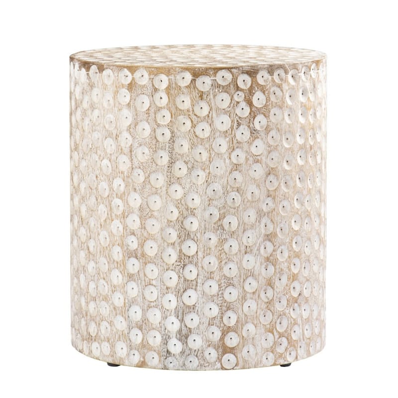 18 Inch Washed White Solid Wood Round End Table for Living Room - 16” x 16” x 18.25” - Washed-White