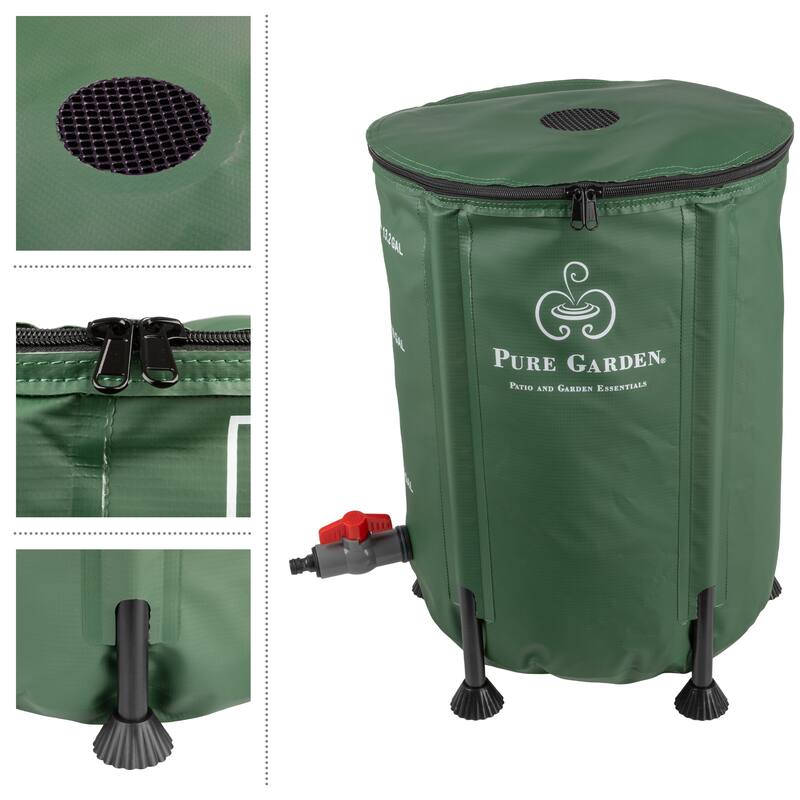 Rain Barrel - Collapsible Water Container for Catching Rainwater - Portable Water Tank with Outflow Valve by Pure Garden (Green)