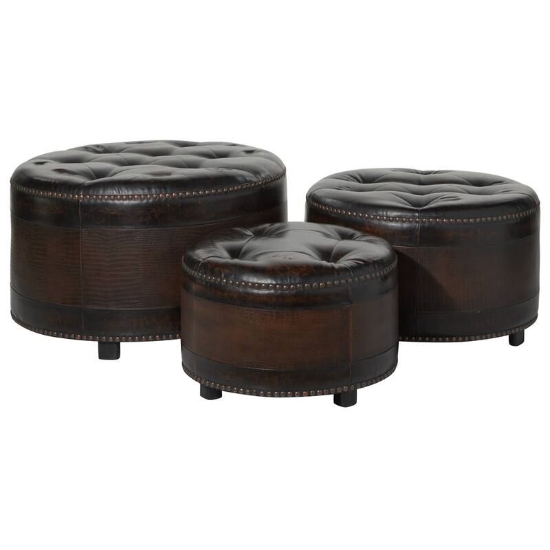 Dark Brown Wooden Storage Ottoman with Tufted Top (Set of 3)