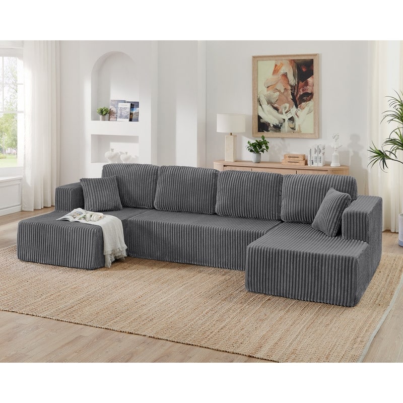 Modular U-Shape Sleeper Sofa, Space-Saving Corduroy Sectional