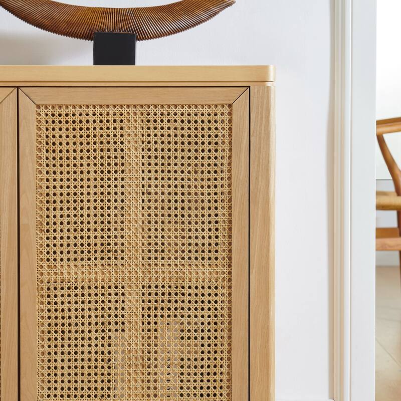 Mid Century Modern Rattan Sideboard Buffet Cabinet with 2 Outlet Holes
