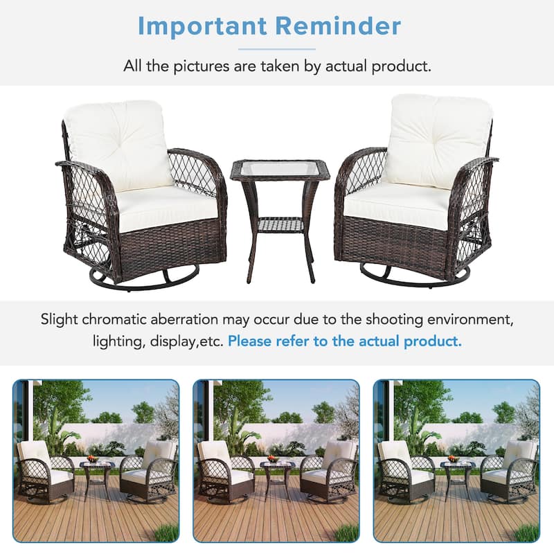 3-Piece Outdoor Chair Table Set Chat with Square Table & 2 Swiveling Chairs Set 2-person Rattan Seating Group for Garden