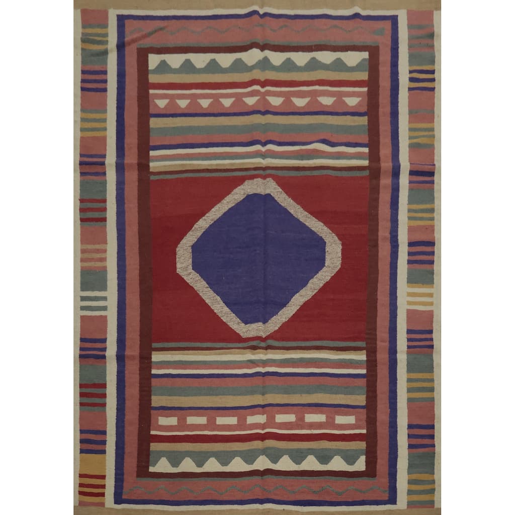 Hand Woven Oriental 100% Wool Carpet Southwestern Tribal Multi-Colored Kilim Area Rug - 9' 8'' X 7' 11''