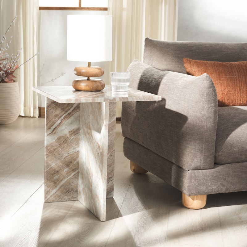 SAFAVIEH Couture Adriano 2 Leg Marble Accent Table - 18"W x 18"D x 22"H - White/Brown