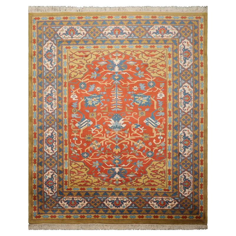 7'11''x9'11'' Hand Knotted Wool Orange Heriz Traditional Area Rug - 7' 11'' x 9' 11'' - 7' 11'' x 9' 11''