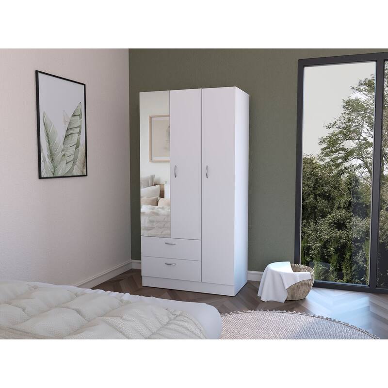 18.9" Modern Armoire with Mirror, Two Drawers and Hanging Rod for Bedroom - White