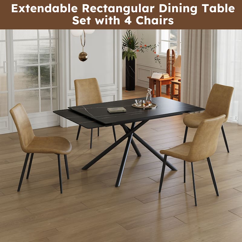 Retractable Sintered Stone Dining Table Set,with steel legs and a cross-leg structure at the bottom(Table + 4 Chairs)
