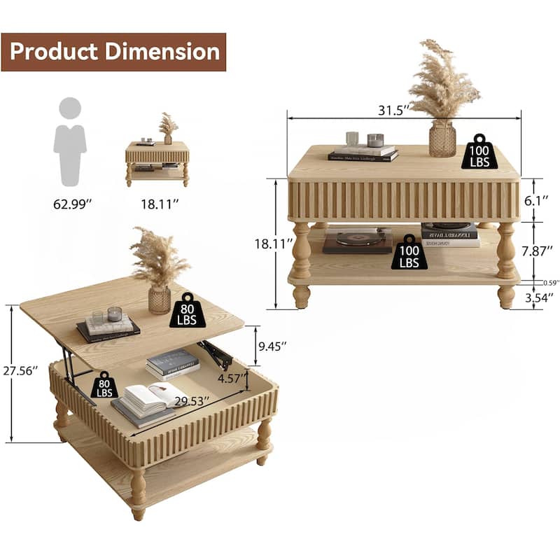 31.5 Inch Square Fluted Lift-Top Coffee Table with Hidden & Open Storage