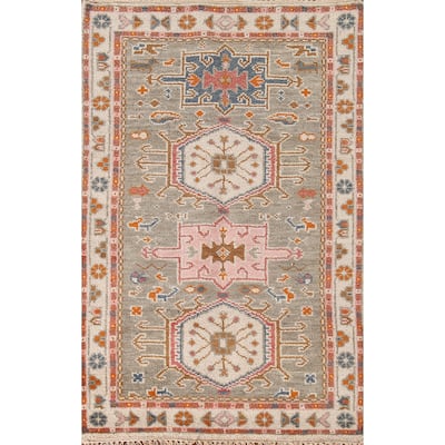 Geometric Grey Kazak Accent Rug Handmade Traditional Wool Carpet - 3'1"x 5'0"