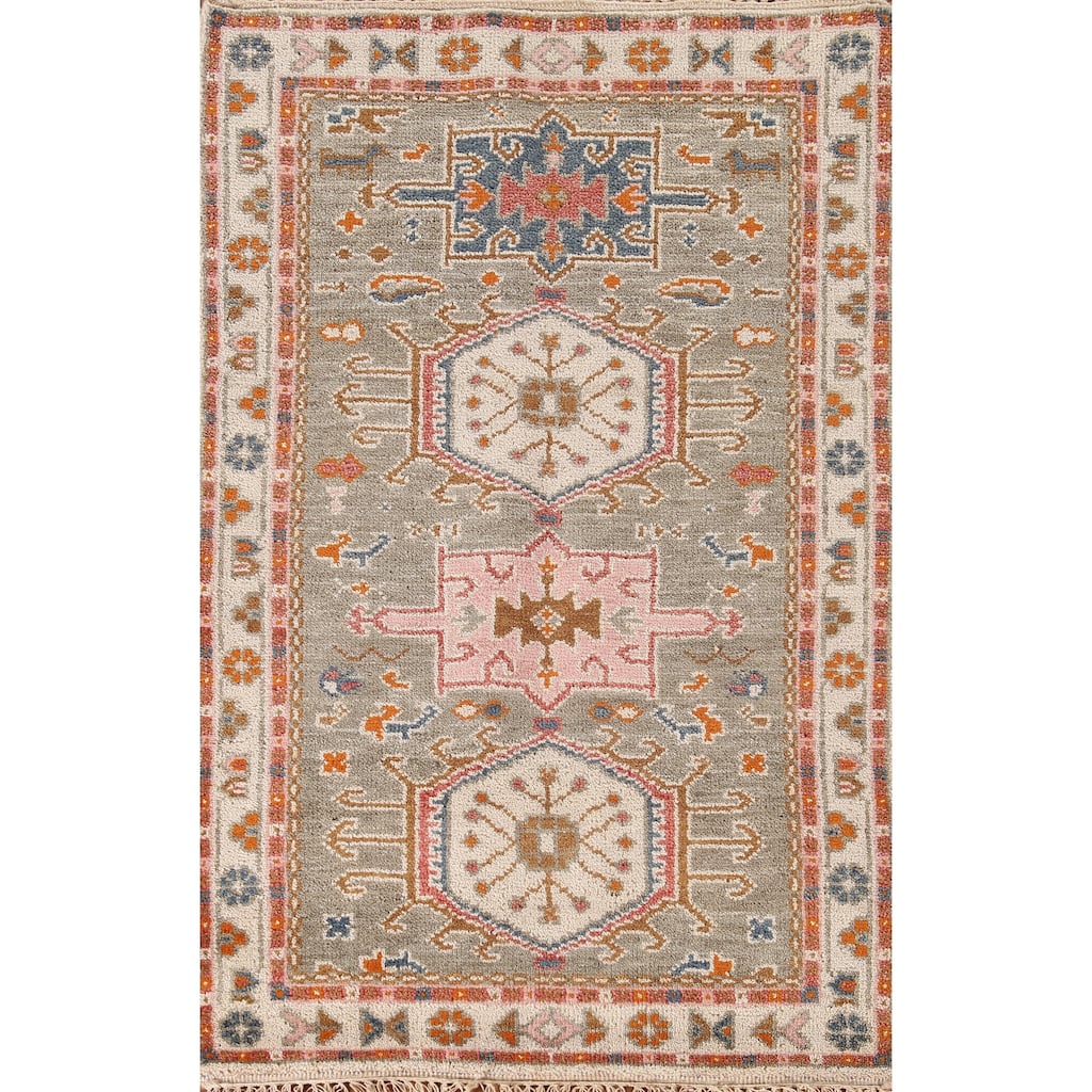 Geometric Grey Kazak Accent Rug Handmade Traditional Wool Carpet - 3'1"x 5'0"
