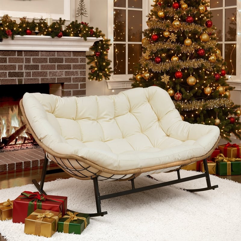FINCATI Oversized Double Rocking Chair Outdoor Indoor, 40" D x 58" W Double Papasan Rocking Chair with Padded Cushion