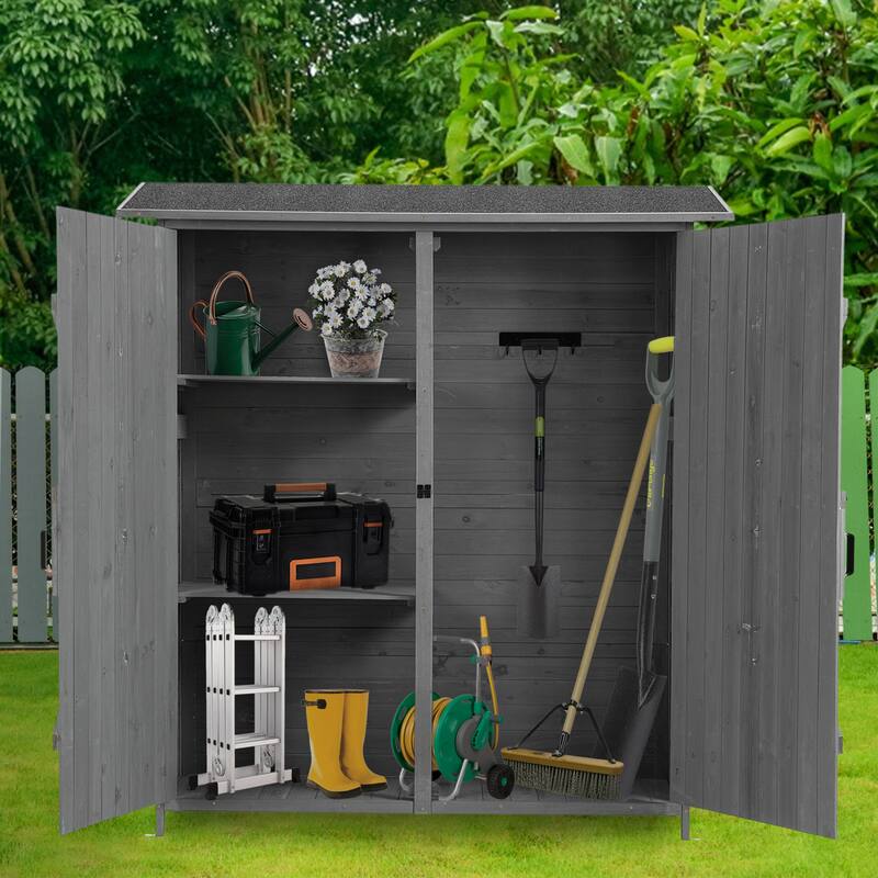 Outdoor Storage Shed with Lockable Door, Wooden Tool Storage Shed w/Detachable Shelves & Pitch Roof