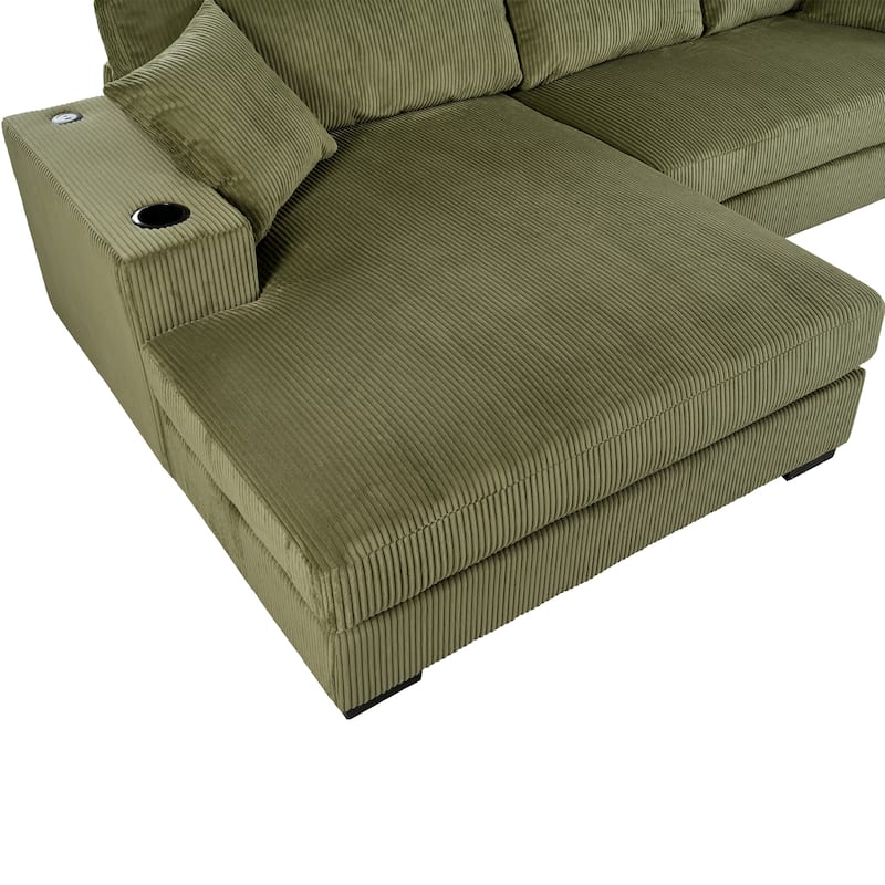 111.5" Corduroy Sectional Sofa with Thick Cushions, Cup Holders & Charging Ports