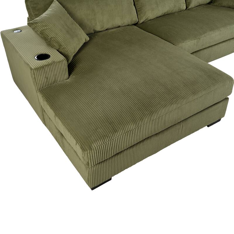 Luxurious Large Sectional Sofa with Thick Cushions, Lounge, Built-in Cup Holders & Charging Ports