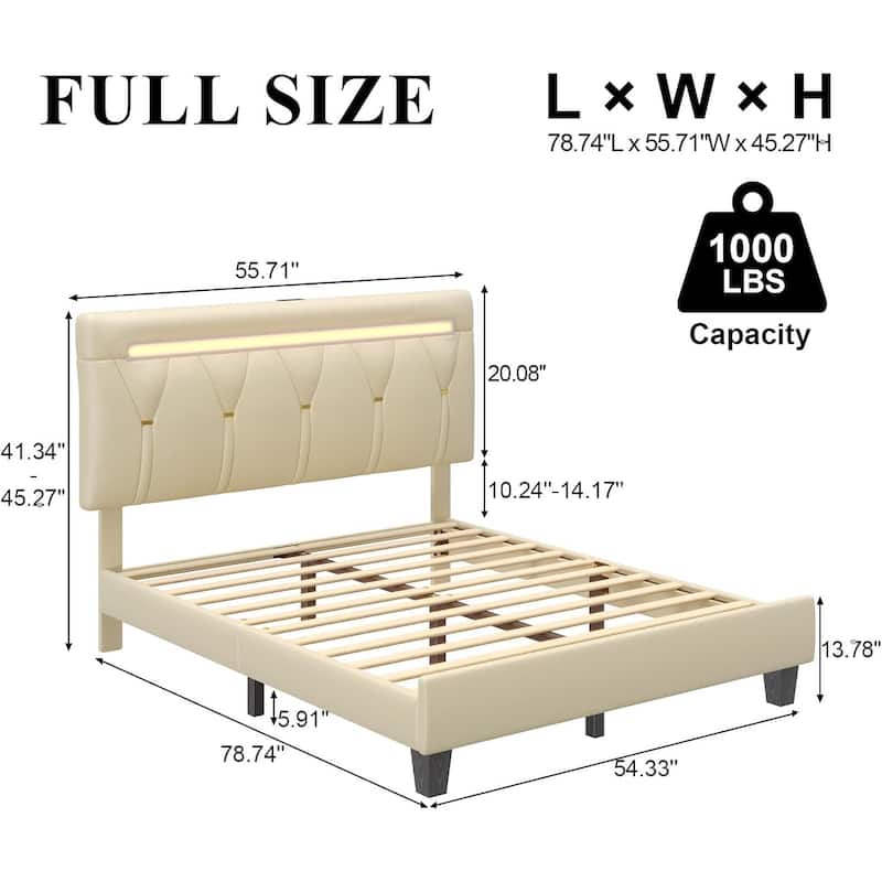 Full Bed Frame with LED Light & Charging Station, Platform Bed Frame Full Size with Adjustable Headboard/Wooden Slat Support