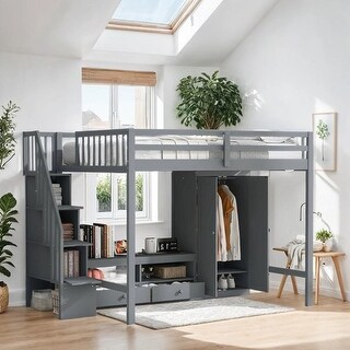 Multi-Functional Full Size Loft Bed Frame with Wardrobe, Low Storage Table and Storage Staircase, Health & Safe