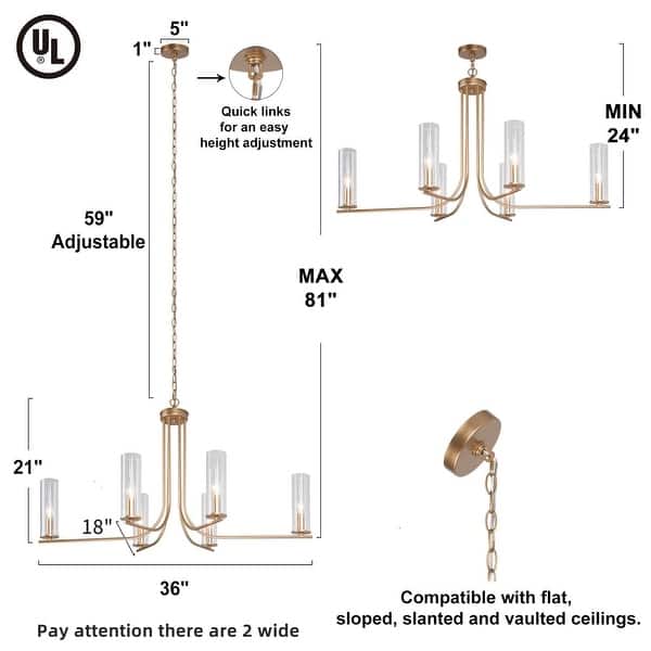 Mid-Century Modern 6-Light Gold Chandelier Metal Glass Island Light for Dining Room - D 36" x H 21"
