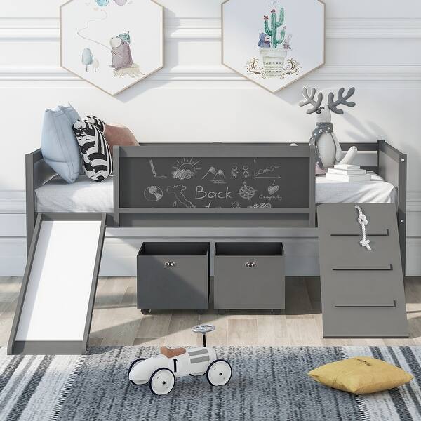slide 2 of 9, Twin Size Wood Loft Bed with 2 Storage Boxes & Double-Sided Chalkboard Grey