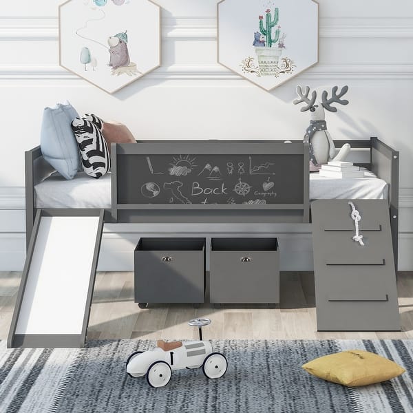 slide 2 of 19, Twin size Loft Bed Wood Bed with Blackboard and Boxes, Grey Grey