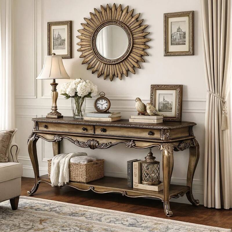 Wooden Sofa Table With Two Drawers And Bottom Shelf, Vintage Oak Brown