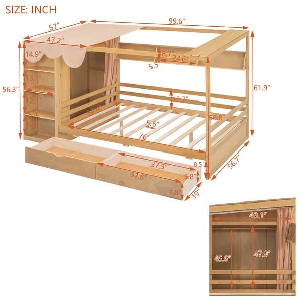 dimension image slide 0 of 6, House Platform Bed with Open Pent Roof, Built-in Wardrobe, 4 Side Compartments, 3 Top Shelves, 2 Drawers, Curtain Fabric