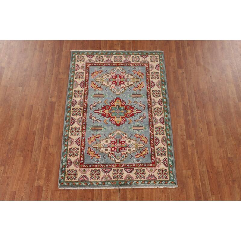 Light Blue Oriental Kazak Area Rug Hand-Knotted Wool Carpet - 4'0" x 6'0"
