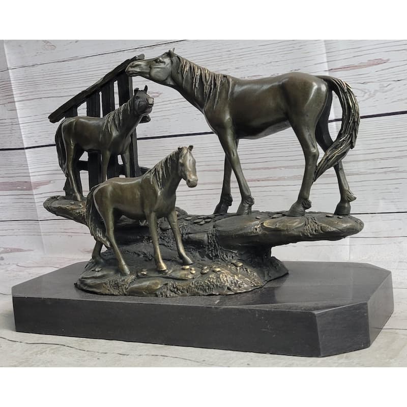 Horse Farm Horses Behind Stables Bronze Sculpture Statue Figure Equestrian Art Decor